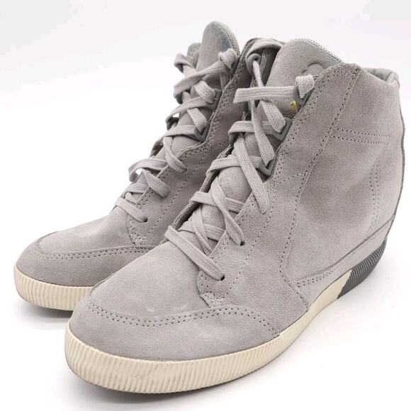 Sorel Out N About (Womens 9.5) Lace Up Hidden Wedge Sneaker Boot Shoe Gray Suede - Picture 1 of 9